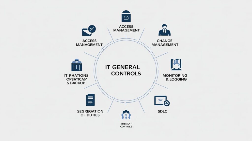 Infographic showing 8 core IT General Controls categories: Access, Change, Operations, SoD, SDLC, Physical, Vendor, Monitoring