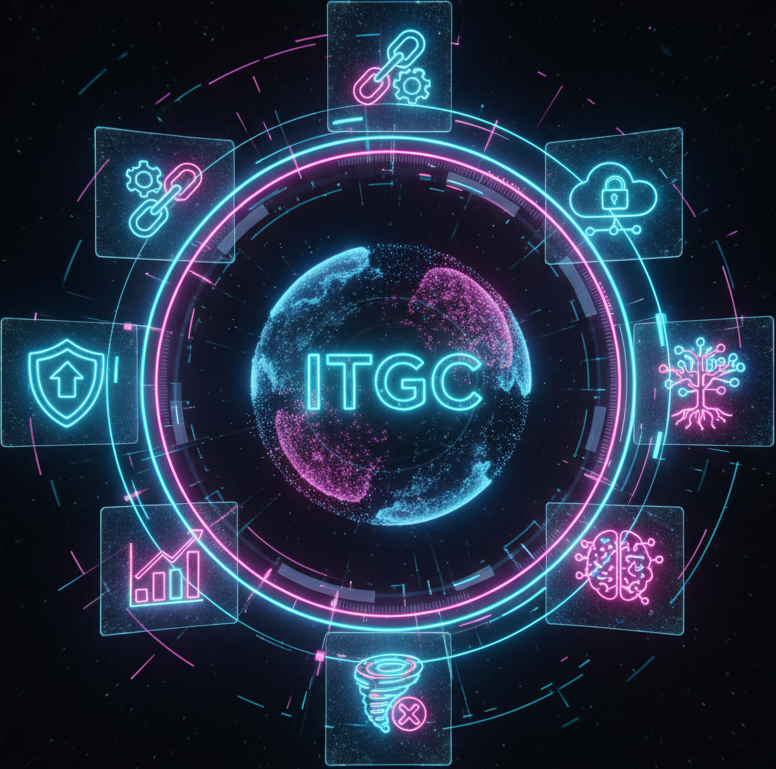 Infographic showing 8 core IT General Controls categories: Access, Change, Operations, SoD, SDLC, Physical, Vendor, Monitoring.